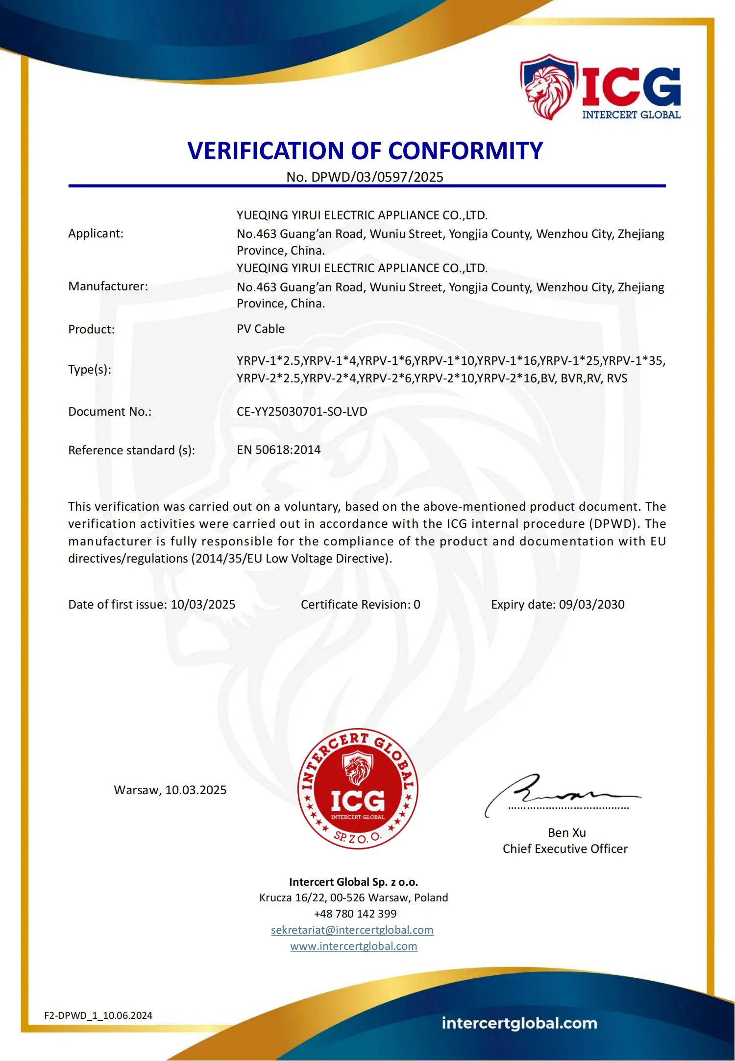 YRO CE certificate with PV cable